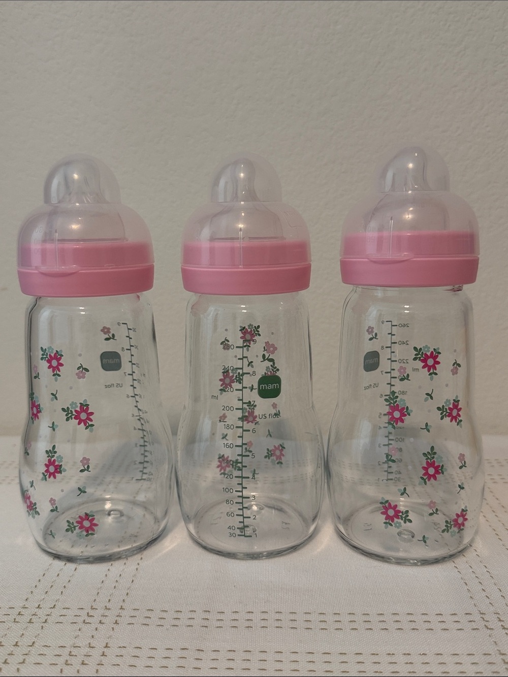 NEW Mam 9 oz Glass Bottle in Pink 3-pack